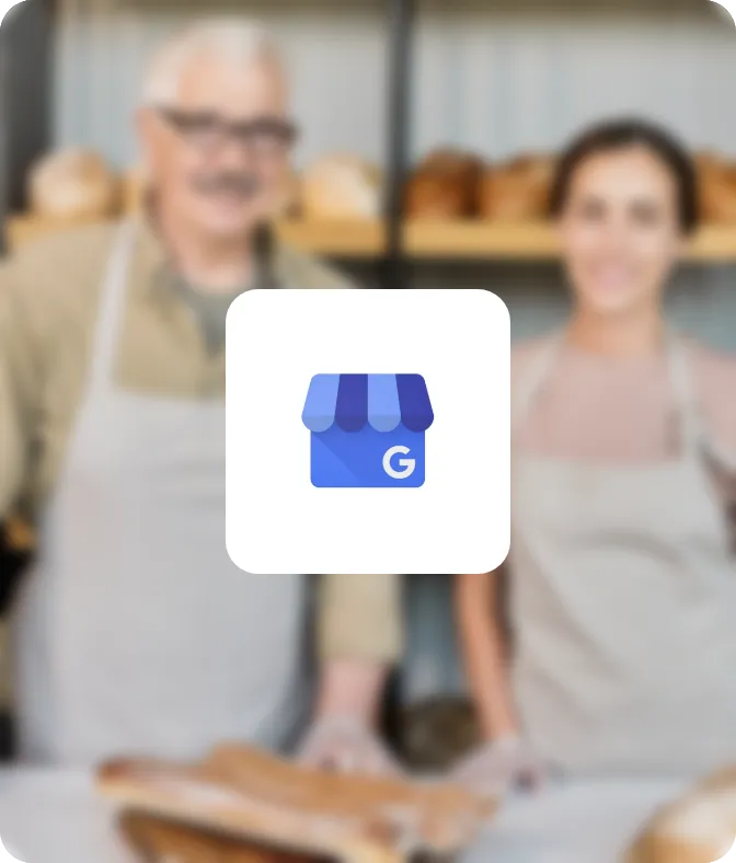 Dame und Herr in einer Bäckerei im Hintergrund – Google Unternehmensprofil Logo im Vordergrund