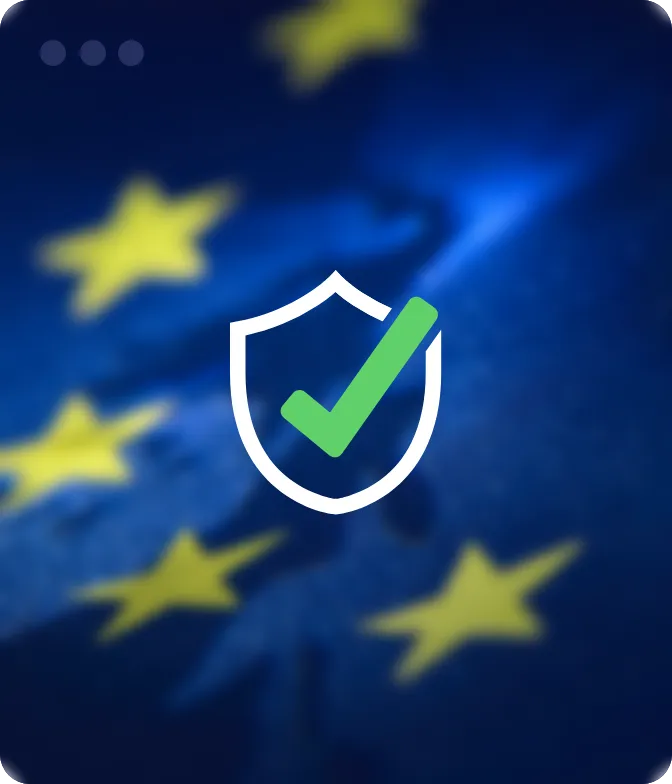 Europäische Flagge im Hintergrund und ein Haken mit Schutzschild im Vordergrund